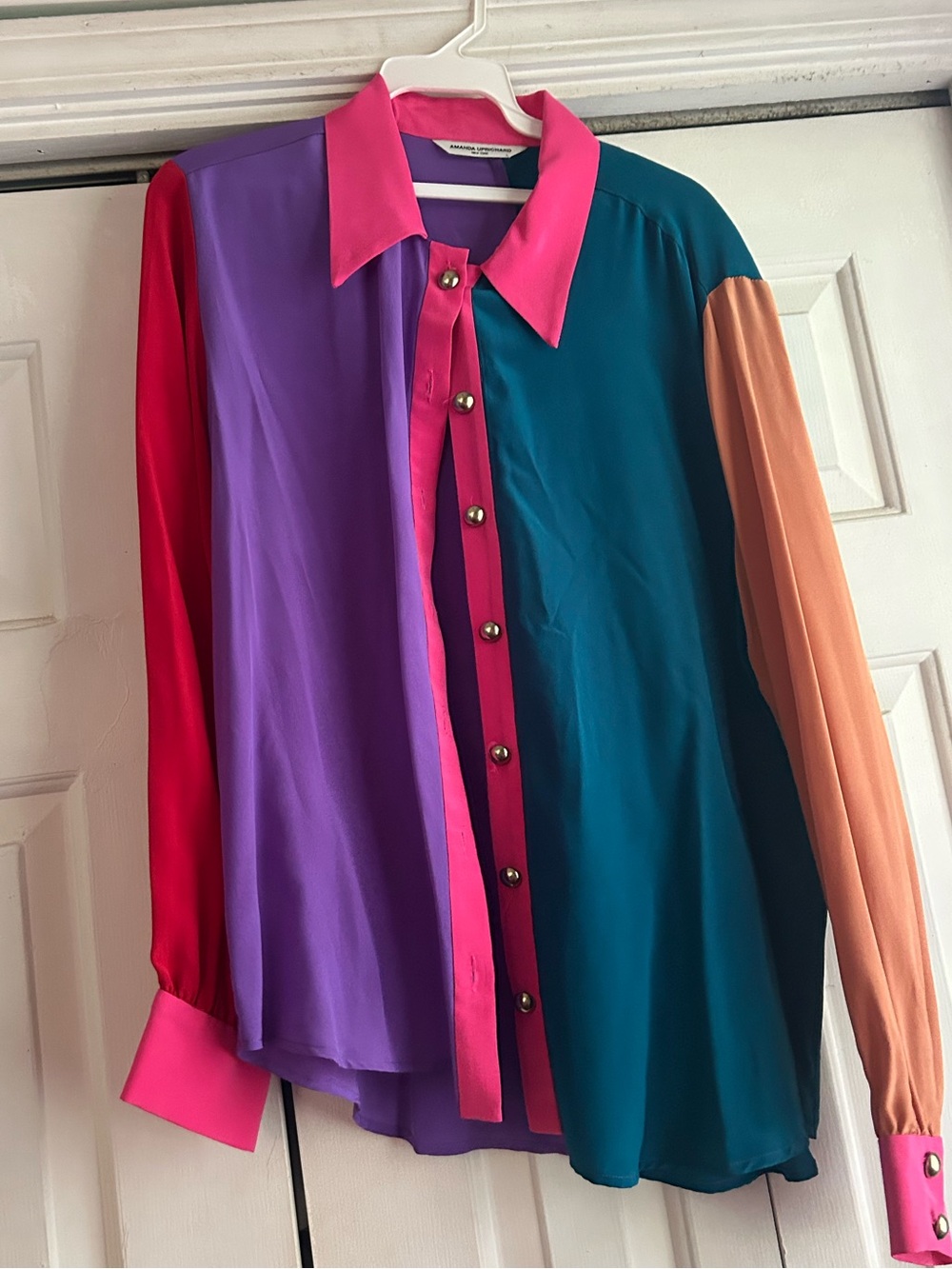 Amanda Uprichard Colorblock Long-Sleeve Button Front Top with Contrast Collar